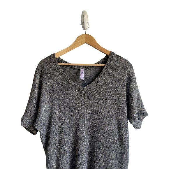 Alya Size Medium Gray Gold Shimmer Metallic Cotton Blend V-Neck Short Sleeve Kni - Picture 3 of 7